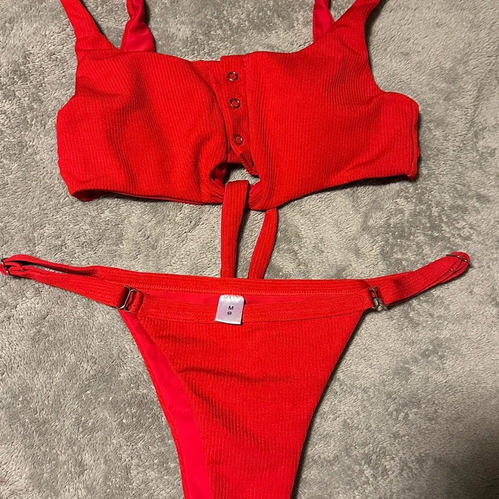 Red Ribbed Bikini Set